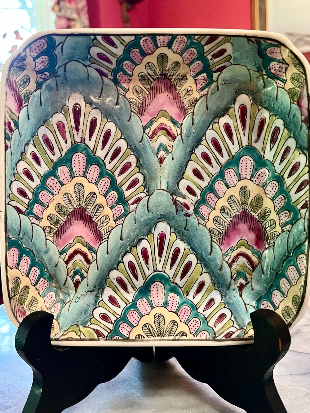 VTG Toyo Rustica Sq. Ceramic Dish Bowl 6” Raised Enamel Peacock Feather Motif
